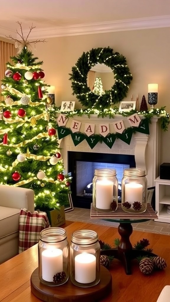 A living room with a decorated Christmas tree, DIY ornaments, and a candle centerpiece.